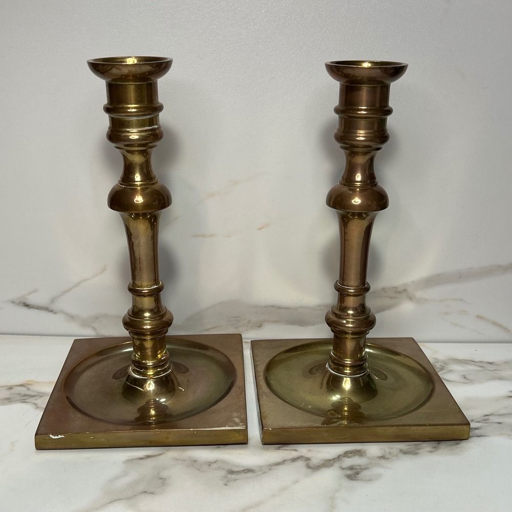 Vintage Solid Brass Candlestick Holders Pair Square Base Made in Hong Kong 8in